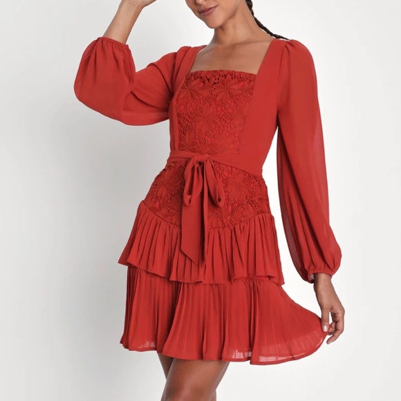 NWT • Lulus  • Rust Orange Crochet Lace Tiered Mini Dress •  Size S - Picture 1 of 3